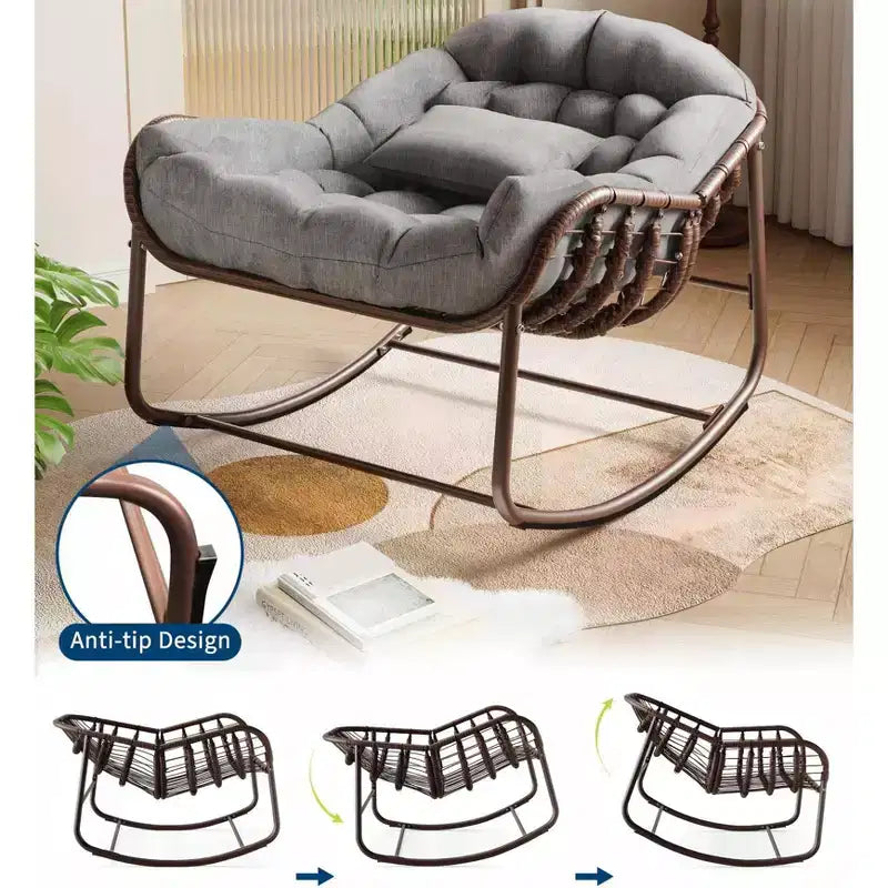 Outdoor Rocking Chair, Oversized Patio Egg Chair with Padded Cushion, Rattan Wicker Papasan Rocker for Indoor, Porch, Backyard