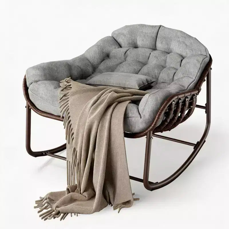 Outdoor Rocking Chair, Oversized Patio Egg Chair with Padded Cushion, Rattan Wicker Papasan Rocker for Indoor, Porch, Backyard