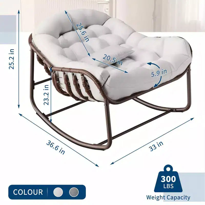 Outdoor Rocking Chair, Oversized Patio Egg Chair with Padded Cushion, Rattan Wicker Papasan Rocker for Indoor, Porch, Backyard