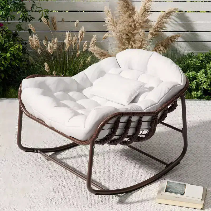 Outdoor Rocking Chair, Oversized Patio Egg Chair with Padded Cushion, Rattan Wicker Papasan Rocker for Indoor, Porch, Backyard