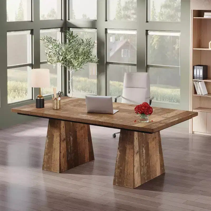 Lantine 63-Inch Executive Desk, Large Office Computer Desk with Double Pedestal, Modern Writing Table for Home Office, Espresso Brown