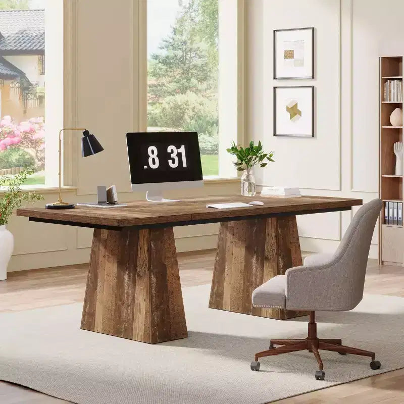 Lantine 63-Inch Executive Desk, Large Office Computer Desk with Double Pedestal, Modern Writing Table for Home Office, Espresso Brown