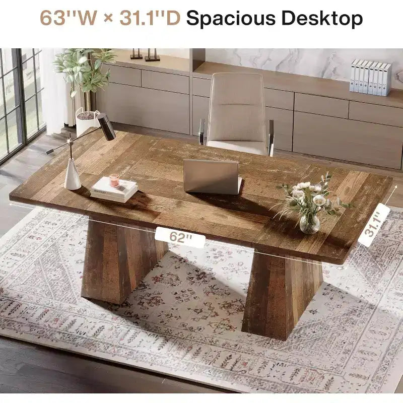 Lantine 63-Inch Executive Desk, Large Office Computer Desk with Double Pedestal, Modern Writing Table for Home Office, Espresso Brown