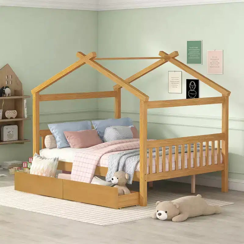 Luxystar Modern Full Size Wood House Bed with 2 Drawers and Headboards