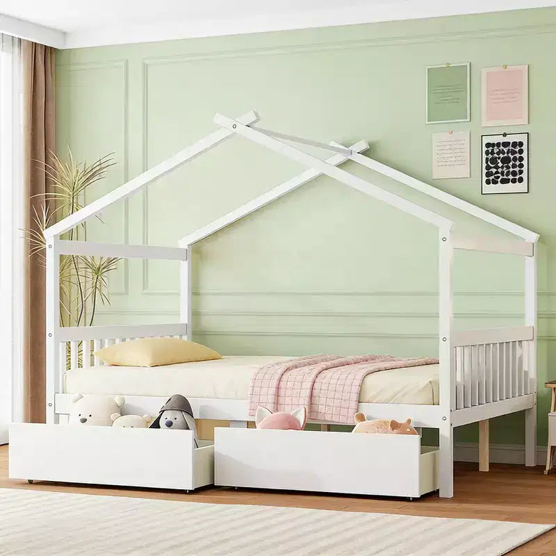 Luxystar Modern Full Size Wood House Bed with 2 Drawers and Headboards