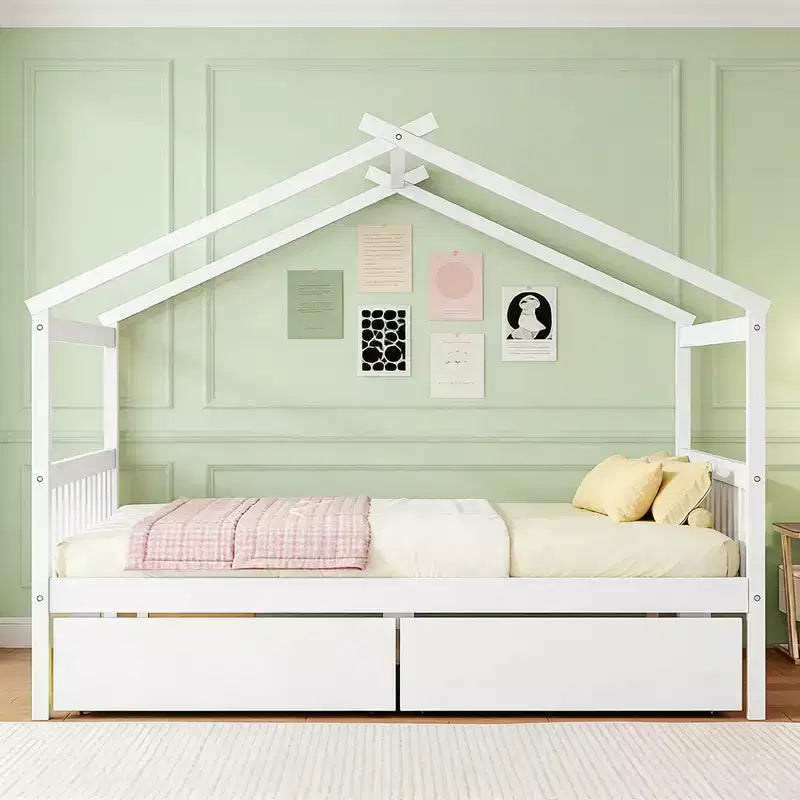 Luxystar Modern Full Size Wood House Bed with 2 Drawers and Headboards