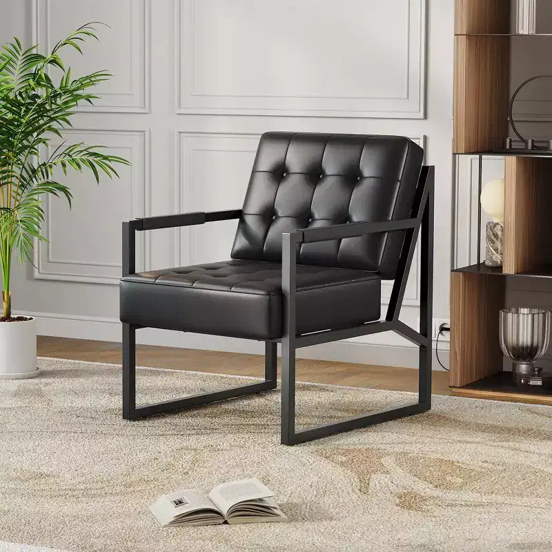 Mid Century Modern Accent Chair - PU Leather Upholstered Armchair, Thick Cushion Seat, Metal Frame, Retro Lounge Chair for Living Room,Bedroom,Office