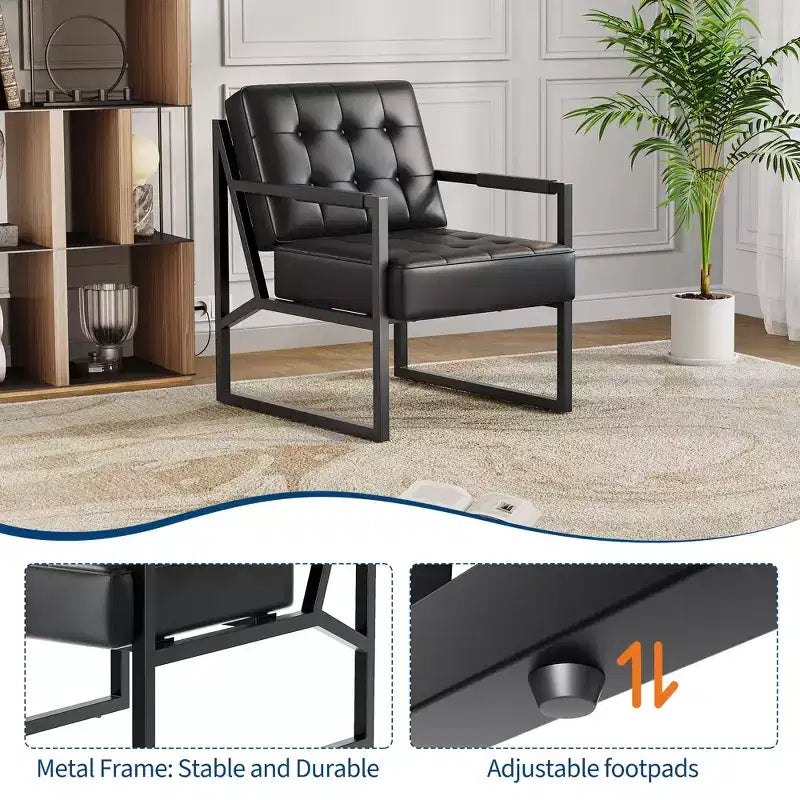 Mid Century Modern Accent Chair - PU Leather Upholstered Armchair, Thick Cushion Seat, Metal Frame, Retro Lounge Chair for Living Room,Bedroom,Office