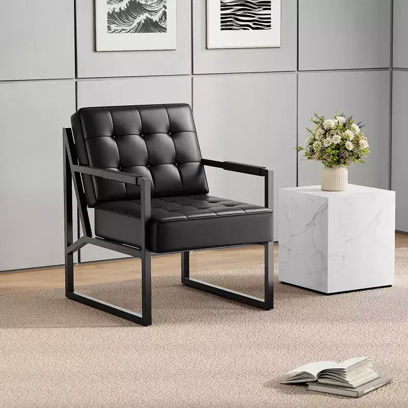 Mid Century Modern Accent Chair - PU Leather Upholstered Armchair, Thick Cushion Seat, Metal Frame, Retro Lounge Chair for Living Room,Bedroom,Office
