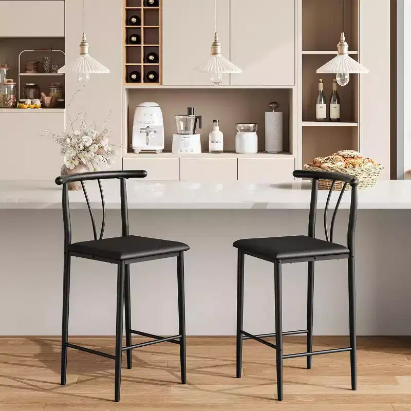 Metal Bar Stools,25.2 Counter Height Bar Stools with Wide PU Upholstered Seat,Curved Back & Footrest for Islands Kitchen Counter Bars,Black