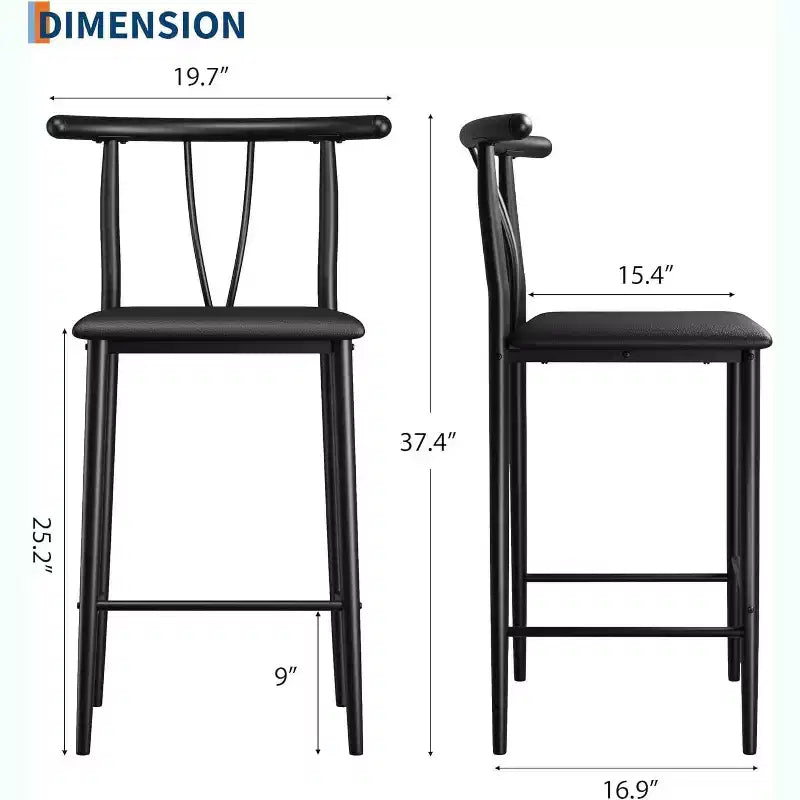 Metal Bar Stools,25.2 Counter Height Bar Stools with Wide PU Upholstered Seat,Curved Back & Footrest for Islands Kitchen Counter Bars,Black