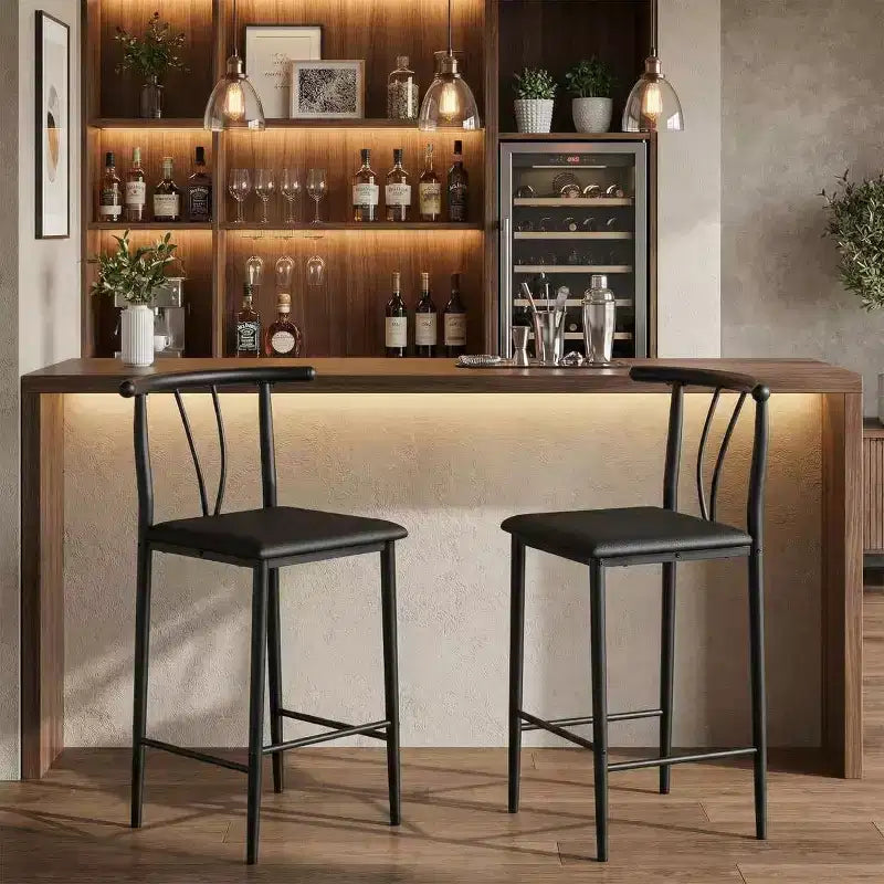 Metal Bar Stools,25.2 Counter Height Bar Stools with Wide PU Upholstered Seat,Curved Back & Footrest for Islands Kitchen Counter Bars,Black
