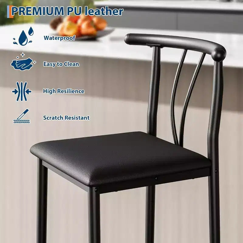 Metal Bar Stools,25.2 Counter Height Bar Stools with Wide PU Upholstered Seat,Curved Back & Footrest for Islands Kitchen Counter Bars,Black