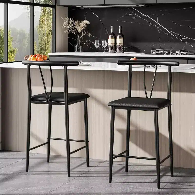 Metal Bar Stools,25.2 Counter Height Bar Stools with Wide PU Upholstered Seat,Curved Back & Footrest for Islands Kitchen Counter Bars,Black