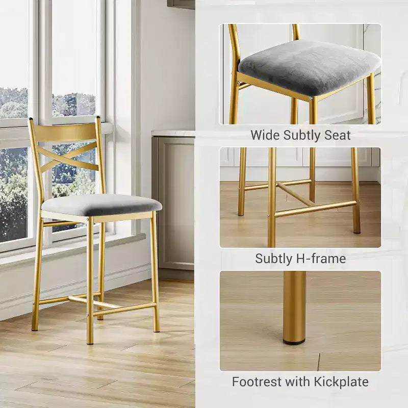 22.4 Bar Stools Set of 2,Counter Height Bar Stools with Back & PU Upholstered Seat,Metal Frame Kitchen Bar Chairs with Footrest for Kitchen Island