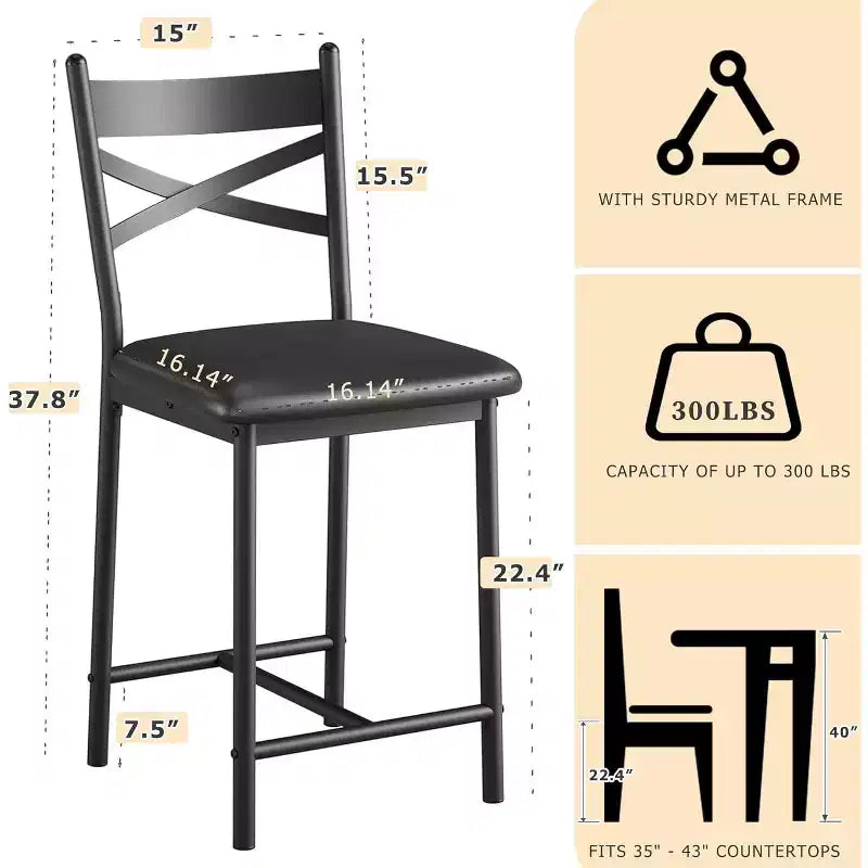 22.4 Bar Stools Set of 2,Counter Height Bar Stools with Back & PU Upholstered Seat,Metal Frame Kitchen Bar Chairs with Footrest for Kitchen Island