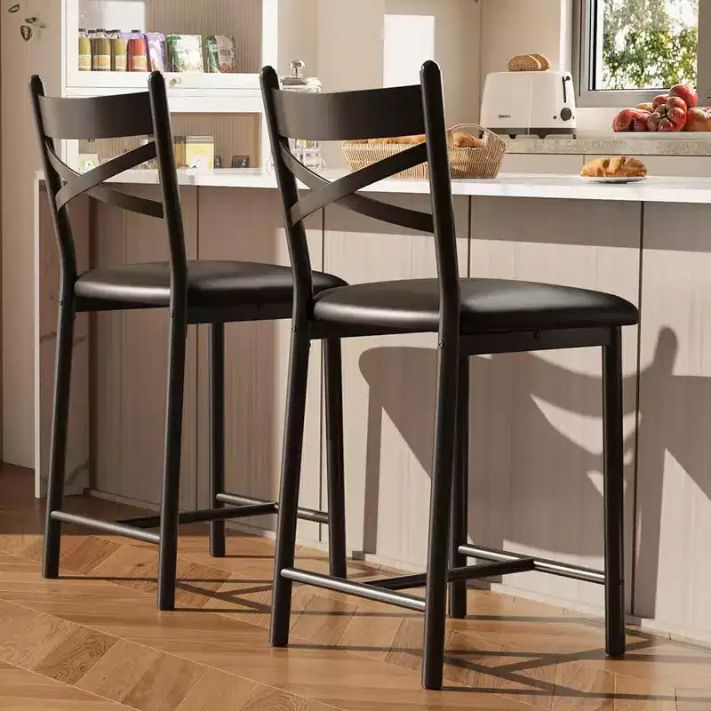 22.4 Bar Stools Set of 2,Counter Height Bar Stools with Back & PU Upholstered Seat,Metal Frame Kitchen Bar Chairs with Footrest for Kitchen Island
