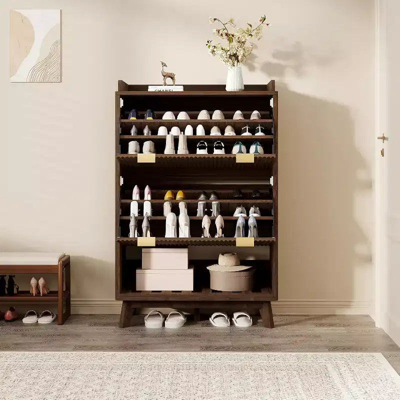 Acekool 2 Flip Drawer Narrow Walnut Shoe Cabinet with Drawer & Open Shelf for Entryway Hallway & Living Room