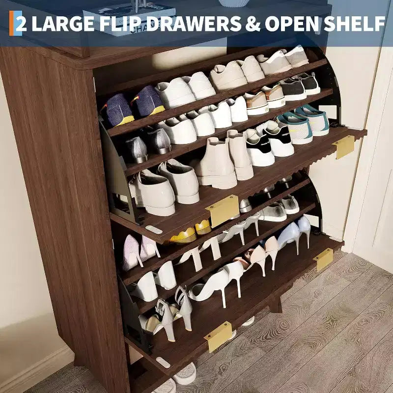 Acekool 2 Flip Drawer Narrow Walnut Shoe Cabinet with Drawer & Open Shelf for Entryway Hallway & Living Room