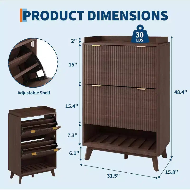 Acekool 2 Flip Drawer Narrow Walnut Shoe Cabinet with Drawer & Open Shelf for Entryway Hallway & Living Room