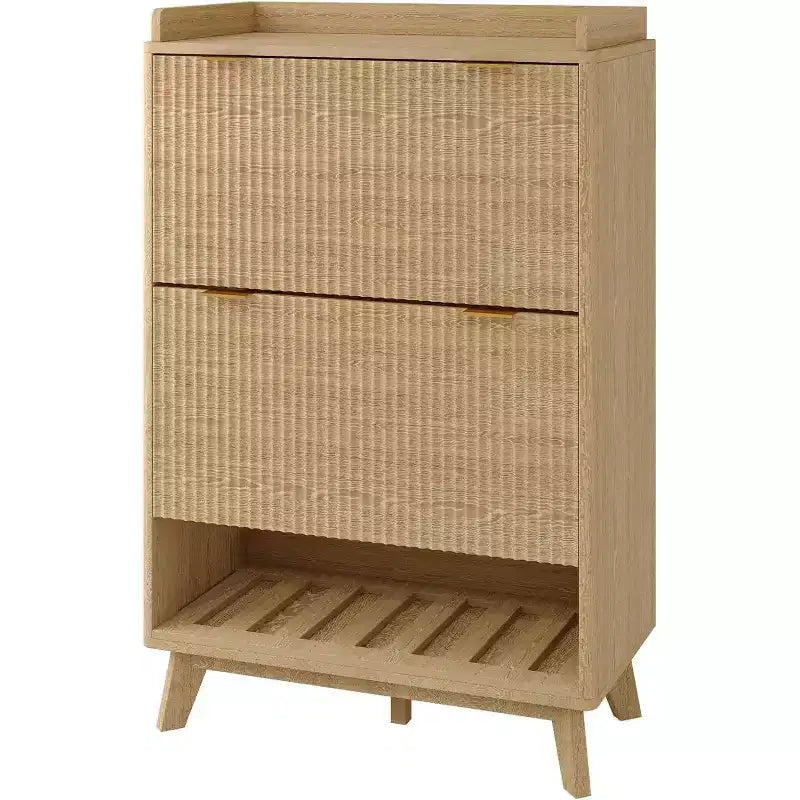 Acekool 2 Flip Drawer Narrow Walnut Shoe Cabinet with Drawer & Open Shelf for Entryway Hallway & Living Room