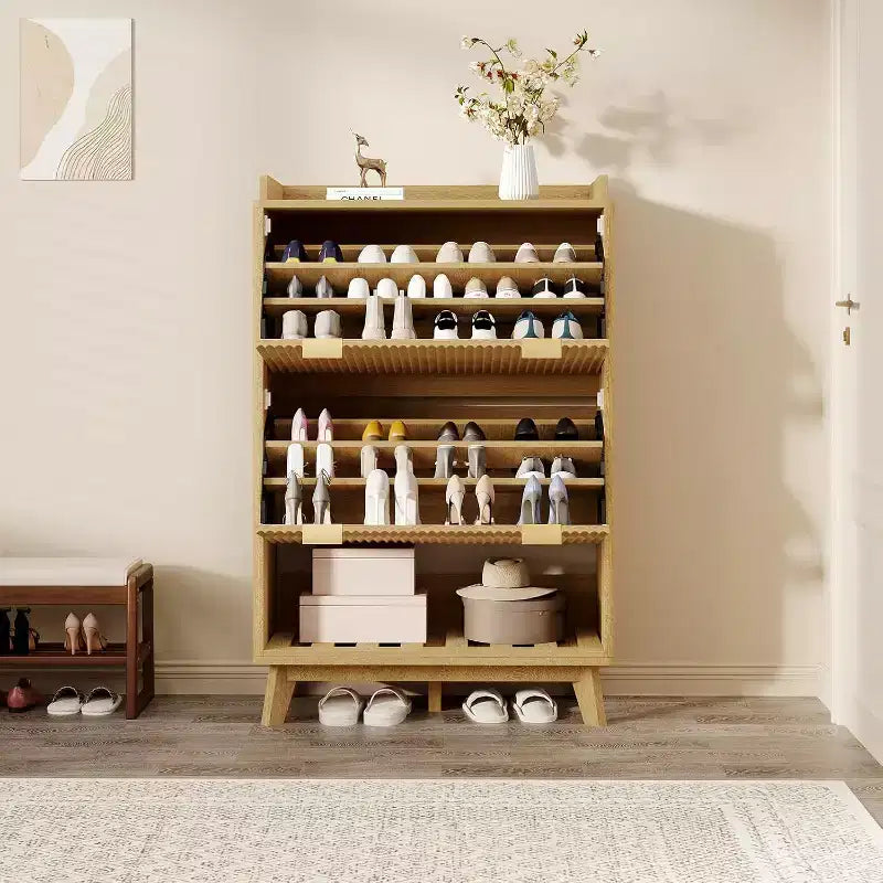 Acekool 2 Flip Drawer Narrow Walnut Shoe Cabinet with Drawer & Open Shelf for Entryway Hallway & Living Room