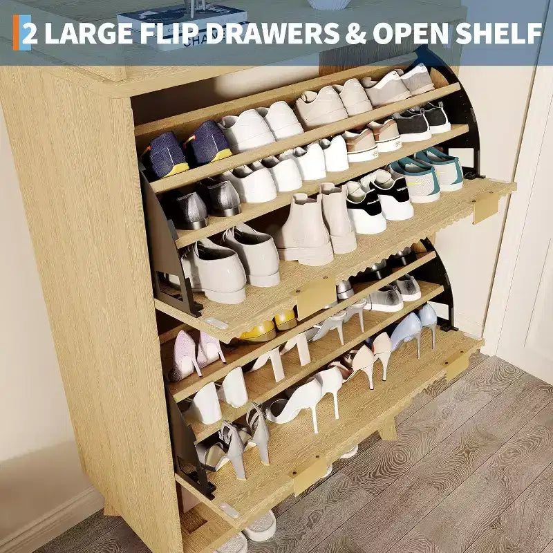 Acekool 2 Flip Drawer Narrow Walnut Shoe Cabinet with Drawer & Open Shelf for Entryway Hallway & Living Room