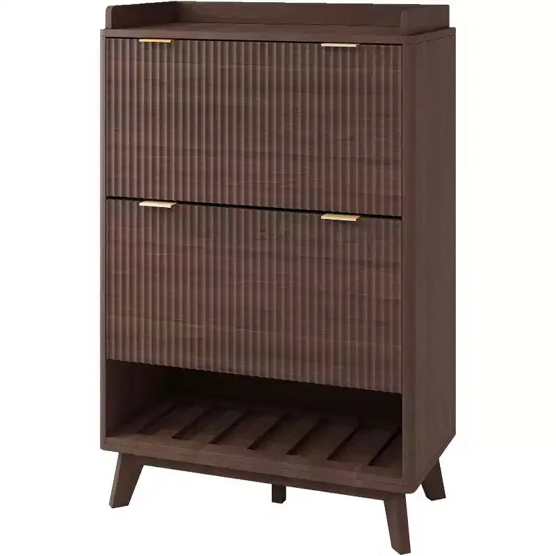 Acekool 2 Flip Drawer Narrow Walnut Shoe Cabinet with Drawer & Open Shelf for Entryway Hallway & Living Room