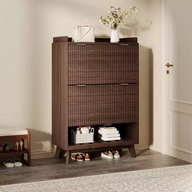 Acekool 2 Flip Drawer Narrow Walnut Shoe Cabinet with Drawer & Open Shelf for Entryway Hallway & Living Room