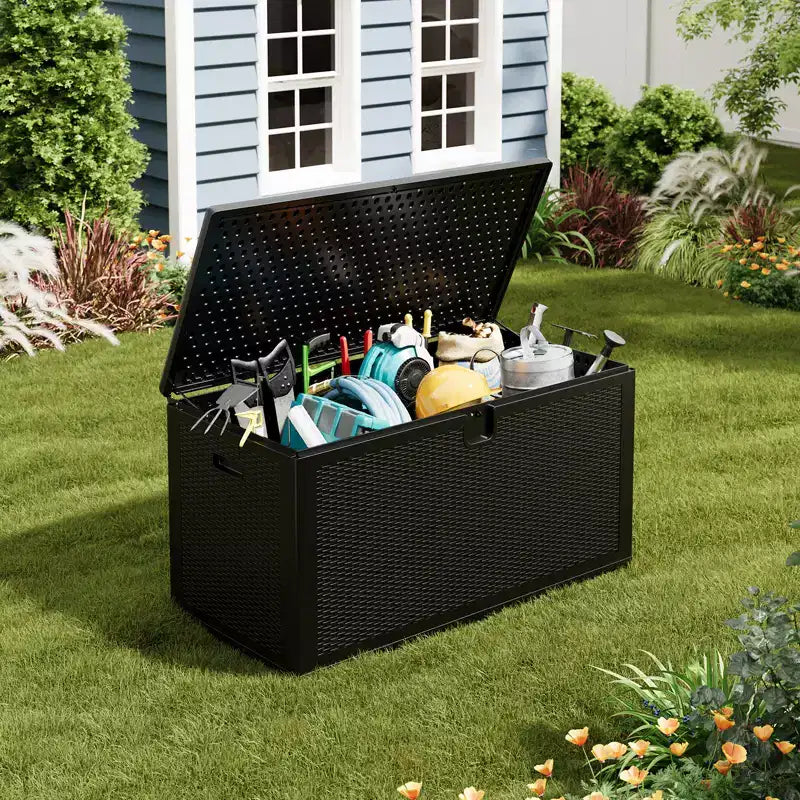 150 Gallon Large Resin Deck Box - Waterproof & Weatherproof Outdoor Storage Container - Lockable Lid, Heavy Duty