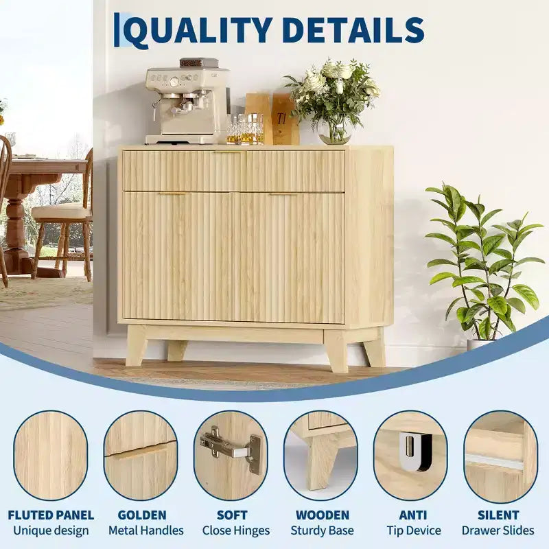 Fluted Storage Buffet Cabinet, Sideboard with Adjustable Shelf and Drawer for Dining, Living Room, Kitchen, Entryway