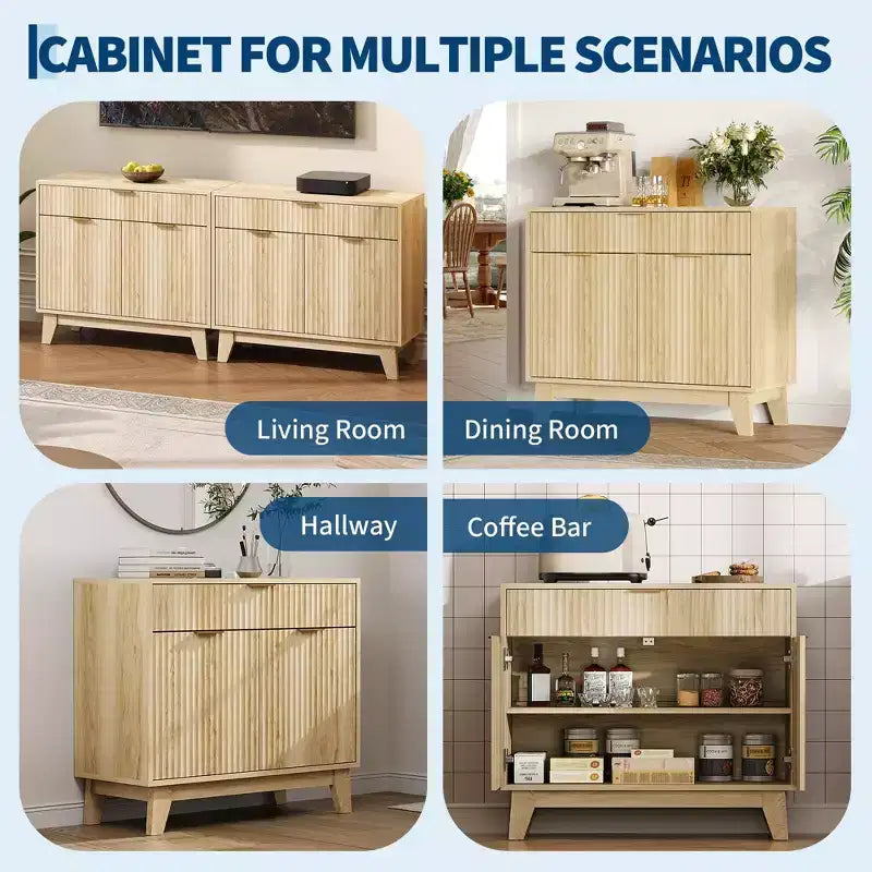 Fluted Storage Buffet Cabinet, Sideboard with Adjustable Shelf and Drawer for Dining, Living Room, Kitchen, Entryway