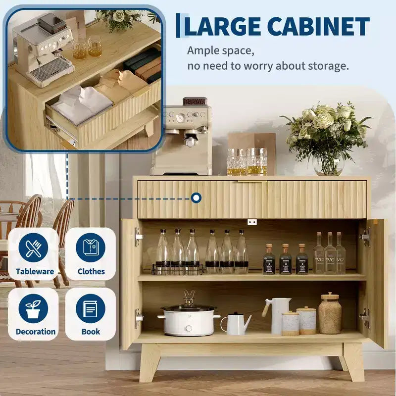 Fluted Storage Buffet Cabinet, Sideboard with Adjustable Shelf and Drawer for Dining, Living Room, Kitchen, Entryway