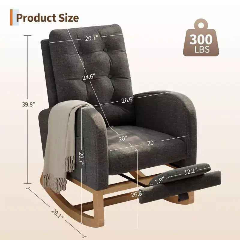 Nursery Rocking Chair with Adjustable Footrest, Linen High Back Glider Rocking Chair with Wooden Legs for Living Room, Bedroom & Nursery