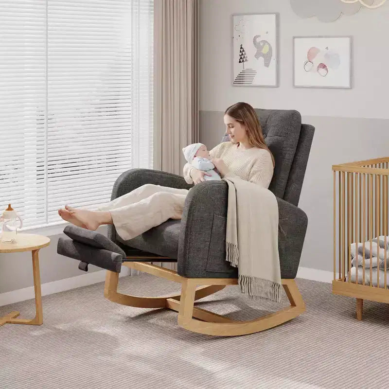 Nursery Rocking Chair with Adjustable Footrest, Linen High Back Glider Rocking Chair with Wooden Legs for Living Room, Bedroom & Nursery