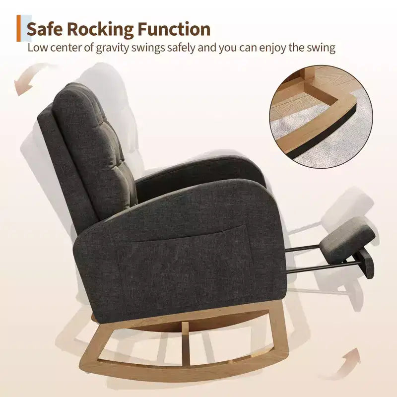 Nursery Rocking Chair with Adjustable Footrest, Linen High Back Glider Rocking Chair with Wooden Legs for Living Room, Bedroom & Nursery