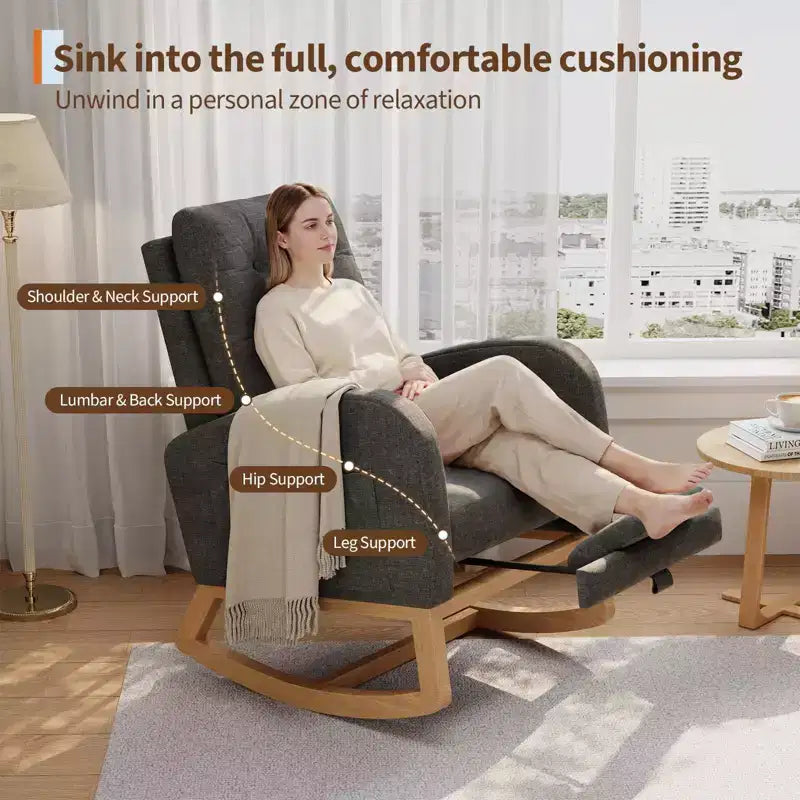 Nursery Rocking Chair with Adjustable Footrest, Linen High Back Glider Rocking Chair with Wooden Legs for Living Room, Bedroom & Nursery