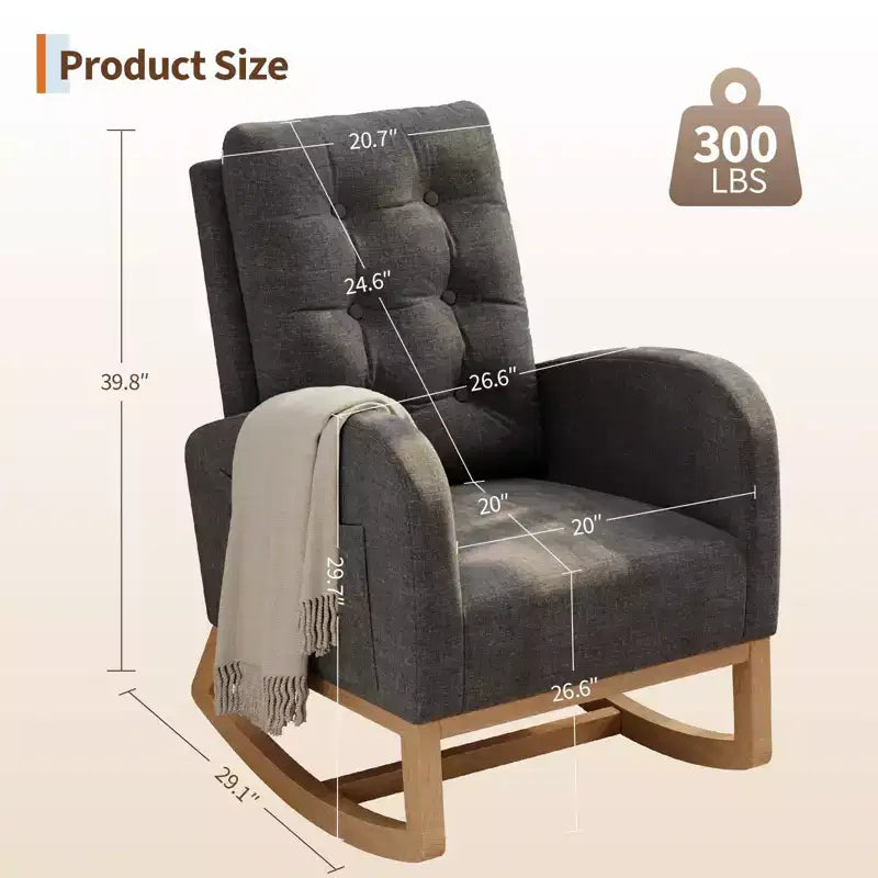 Nursery Rocking Chair with Adjustable Footrest, Linen High Back Glider Rocking Chair with Wooden Legs for Living Room, Bedroom & Nursery