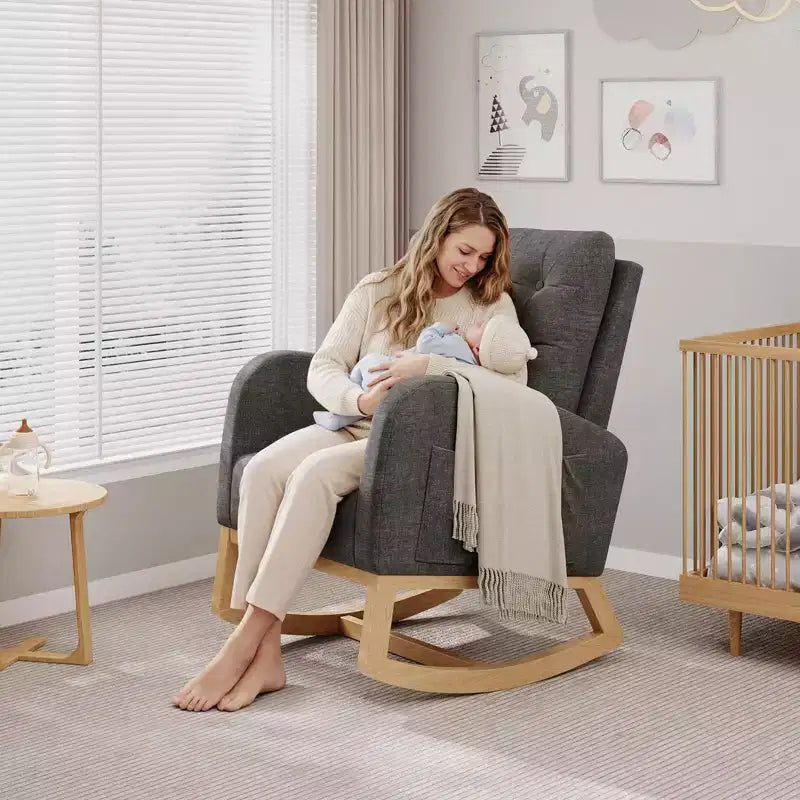 Nursery Rocking Chair with Adjustable Footrest, Linen High Back Glider Rocking Chair with Wooden Legs for Living Room, Bedroom & Nursery
