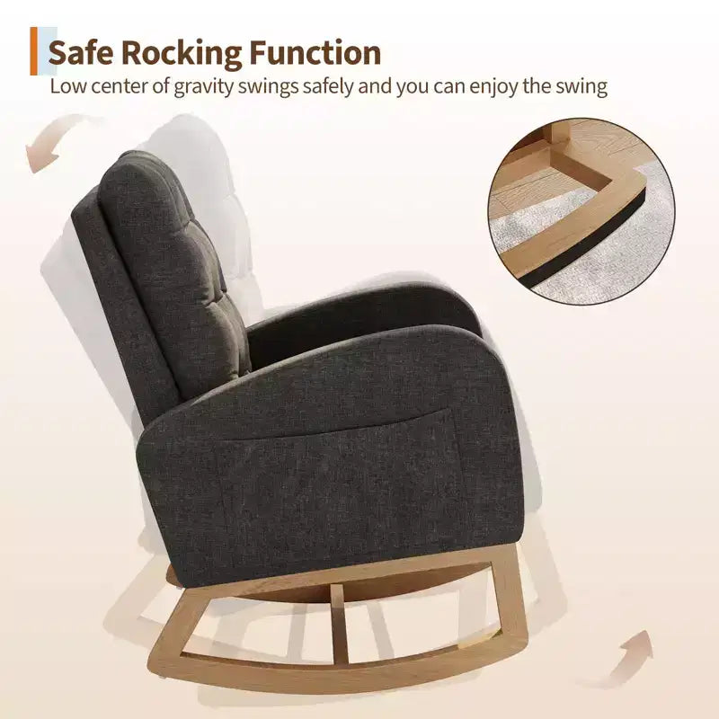 Nursery Rocking Chair with Adjustable Footrest, Linen High Back Glider Rocking Chair with Wooden Legs for Living Room, Bedroom & Nursery
