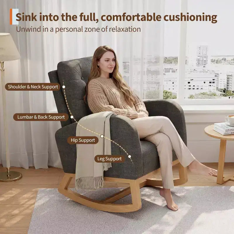 Nursery Rocking Chair with Adjustable Footrest, Linen High Back Glider Rocking Chair with Wooden Legs for Living Room, Bedroom & Nursery