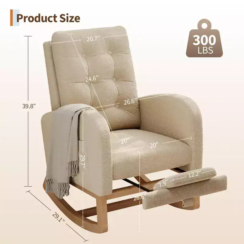 Nursery Rocking Chair with Adjustable Footrest, Linen High Back Glider Rocking Chair with Wooden Legs for Living Room, Bedroom & Nursery