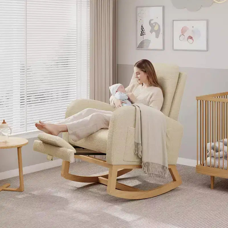 Nursery Rocking Chair with Adjustable Footrest, Linen High Back Glider Rocking Chair with Wooden Legs for Living Room, Bedroom & Nursery