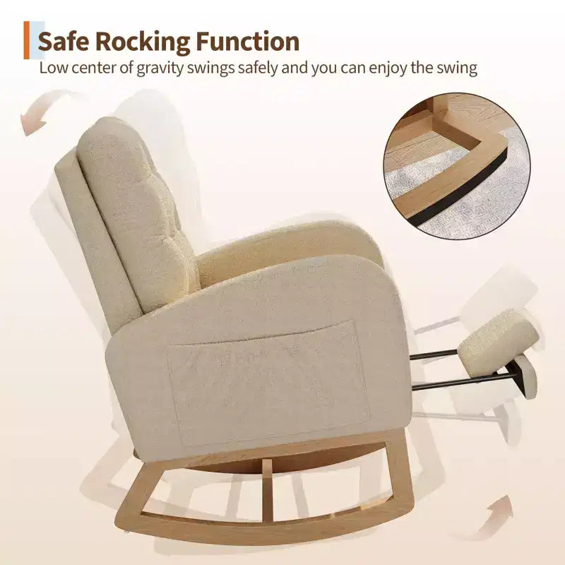 Nursery Rocking Chair with Adjustable Footrest, Linen High Back Glider Rocking Chair with Wooden Legs for Living Room, Bedroom & Nursery