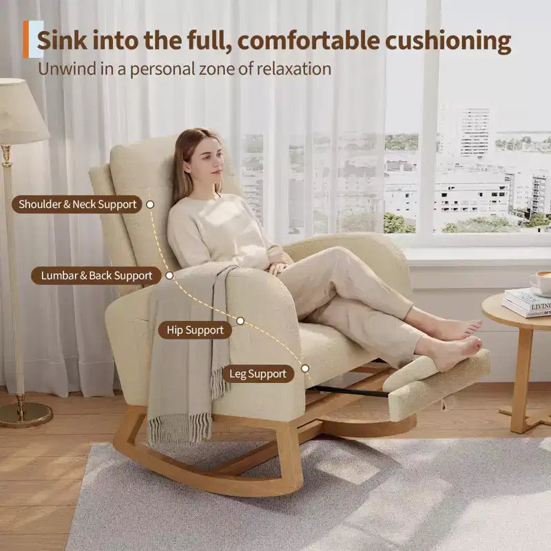 Nursery Rocking Chair with Adjustable Footrest, Linen High Back Glider Rocking Chair with Wooden Legs for Living Room, Bedroom & Nursery