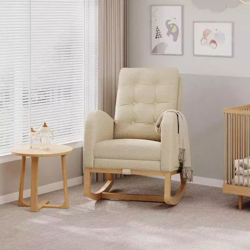 Nursery Rocking Chair with Adjustable Footrest, Linen High Back Glider Rocking Chair with Wooden Legs for Living Room, Bedroom & Nursery