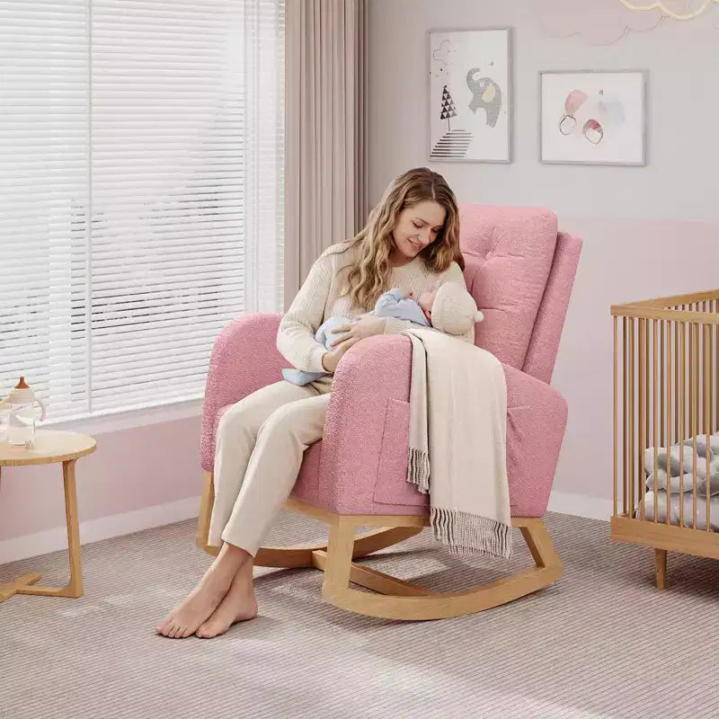 Nursery Rocking Chair with Adjustable Footrest, Linen High Back Glider Rocking Chair with Wooden Legs for Living Room, Bedroom & Nursery