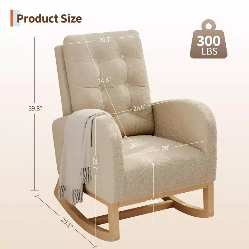 Nursery Rocking Chair with Adjustable Footrest, Linen High Back Glider Rocking Chair with Wooden Legs for Living Room, Bedroom & Nursery