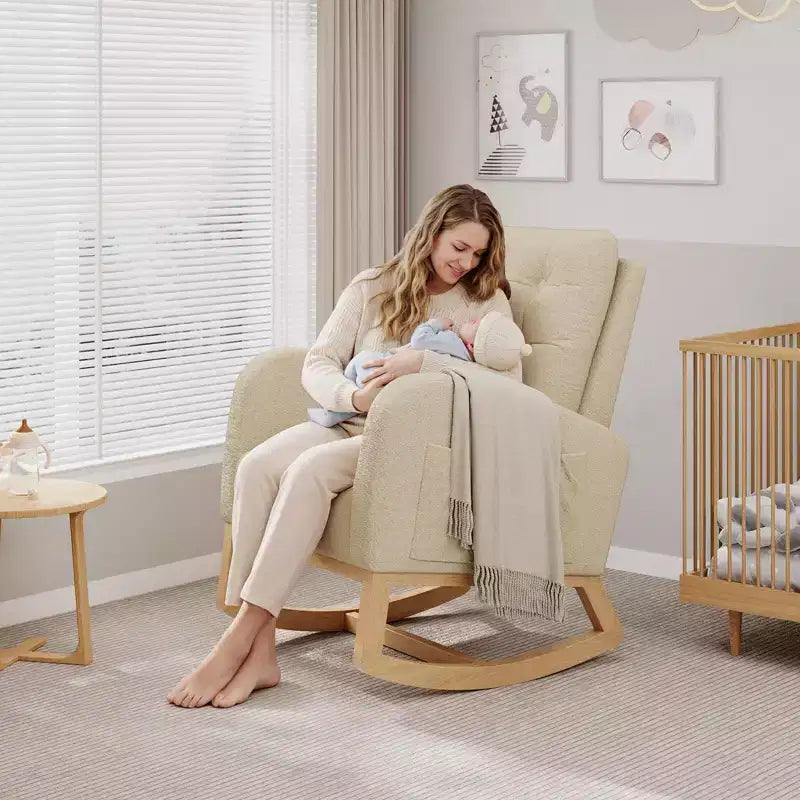 Nursery Rocking Chair with Adjustable Footrest, Linen High Back Glider Rocking Chair with Wooden Legs for Living Room, Bedroom & Nursery