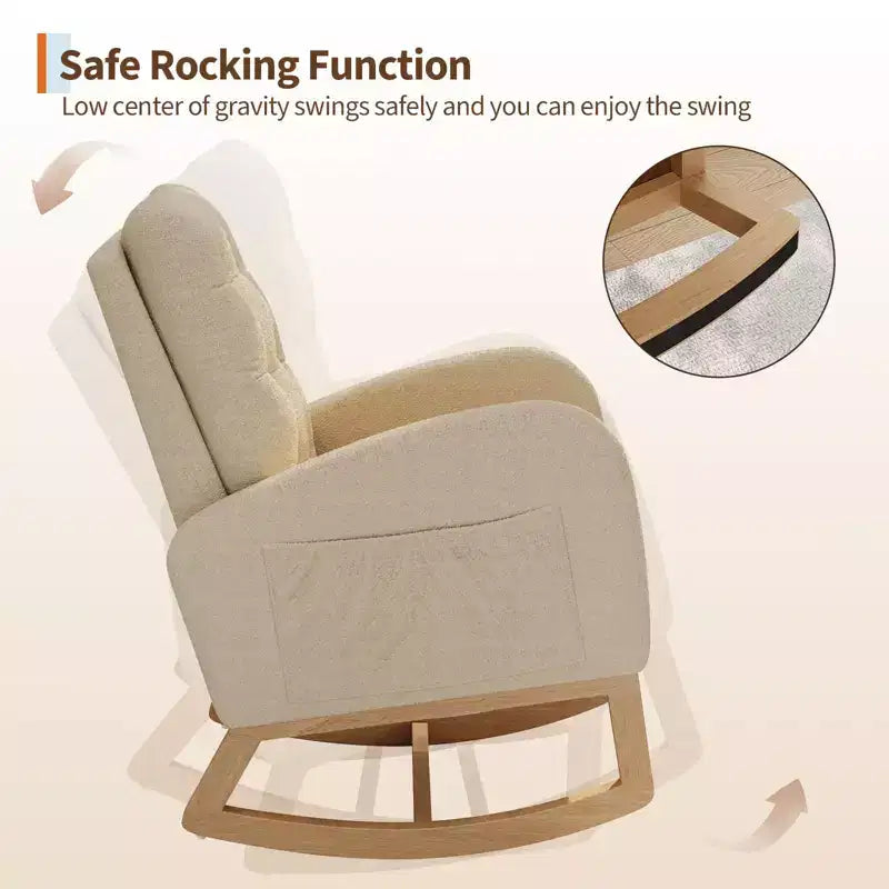Nursery Rocking Chair with Adjustable Footrest, Linen High Back Glider Rocking Chair with Wooden Legs for Living Room, Bedroom & Nursery